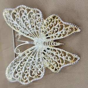 MJ ENT Filigree Curl Butterfly Silver Tone Brooch Pin Vintage